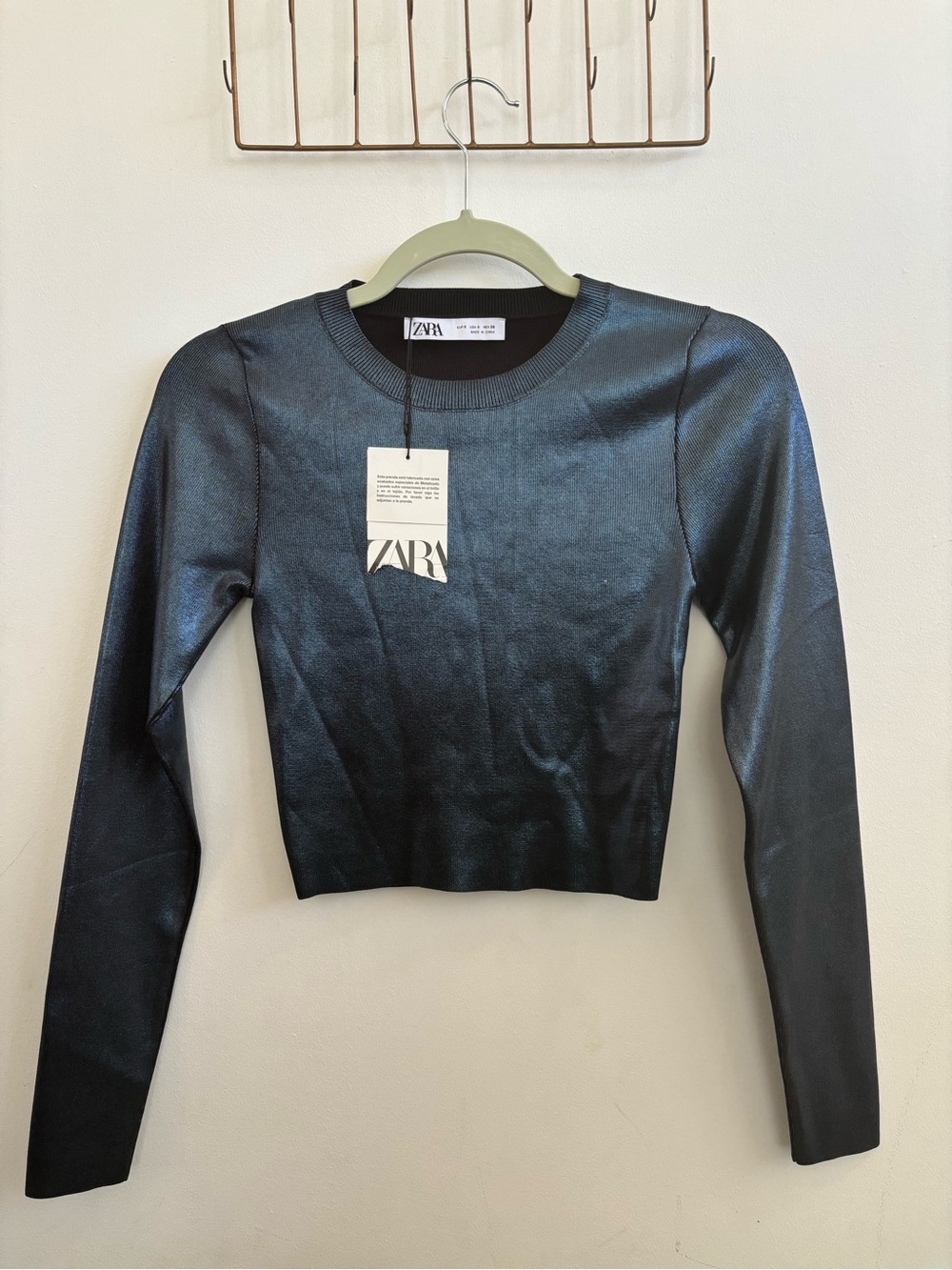 ZARA Dark Blue Metallic Long Sleeve Crop Top
